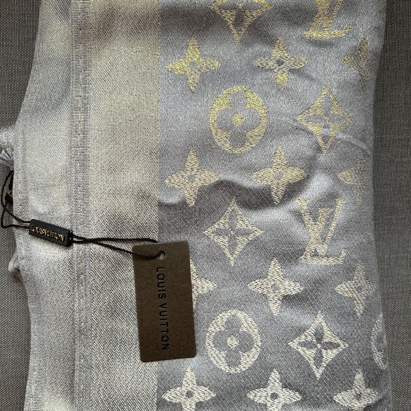 New Louis Vuitton Paris VL Pashmina Scarf Shawl Cashmere Silk Silver Gold Logo - Picture 7 of 13